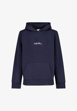 Sweat à capuche bleu marine avec poche kangourou à l’avant et signature blanche « Keith Haring » imprimée sur la poitrine.