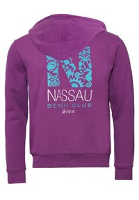 Violet huppari, jossa on turkoosi graafinen kuvio, joka esittää tyyliteltyä "N": ää, "NASSAU BEACH CLUB": ia ja "Ibiza": a takana. Pehmeä kangas, pitkähiha.