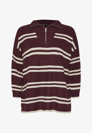 Burgundy knit pullover with white horizontal stripes, half zip collar, loose fit, and ribbed cuffs at the sleeves and hem.