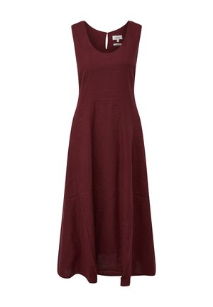 Ärmelloses knielanges Kleid aus dunkelrotem Leinen mit Rundhalsausschnitt und Schlüsselknopfverschluss am Rücken.