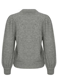 Szary sweter typu pulower o luźnym kroju, z prążkowanym dołem i bufkami na rękawach. Wykonany z miękkiego, teksturowanego materiału w jednolitym kolorze.
