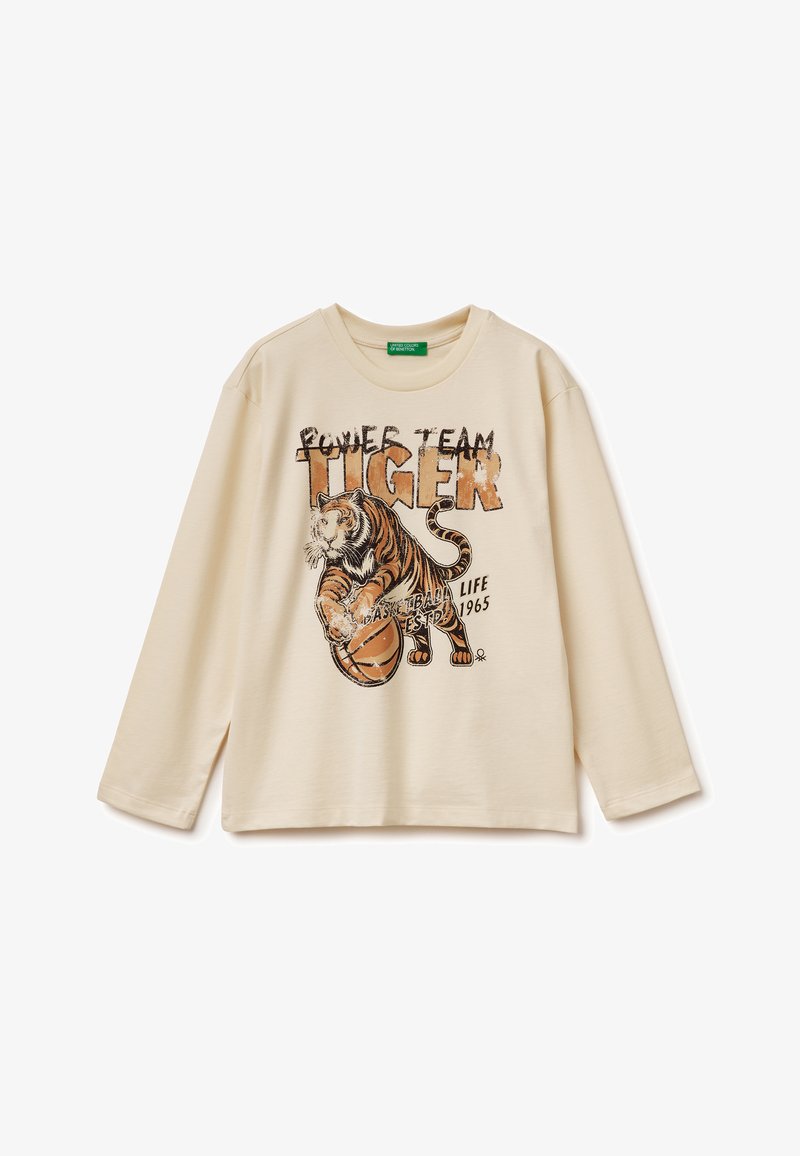 Cream long-sleeve shirt with a graphic print of a tiger playing basketball, featuring the text "Power Team Tiger" in brown and black colors.