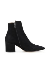 Stivaletti in suede neri alla caviglia con punta affusolata, cerniera laterale e tacco a blocco robusto. Texture liscia e design elegante.
