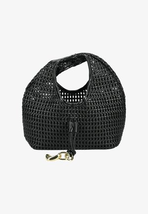 Sort fletet håndtaske med afrundede top-hanke og en guldlås fastgjort til en lille læderstrop.