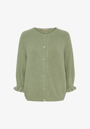 Lysegrøn strikket cardigan med lange ærmer, rund halsudskæring, knaplukning foran og let flæsedetalje ved manchetter.