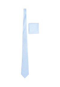 Cravatta in seta azzurro chiaro con un motivo a diamante, abbinata a un fazzoletto da taschino coordinato caratterizzato da un design a griglia quadrata. Entrambi gli articoli sono esposti in modo ordinato.