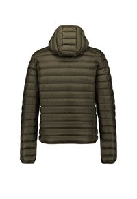 Olivgrüne gesteppte Jacke mit horizontaler Steppung, langen Ärmeln und angenähter Kapuze, Rückansicht.