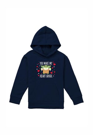 Navy hoodie with a graphic of Grogu surrounded by red hearts and text saying "You make my heart Grogu" on front.