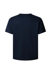 Maglietta di cotone blu navy con scollo rotondo e maniche corte. Tessuto liscio, design classico, senza motivi o accenti visibili.