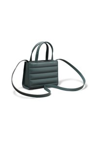 Piccola borsa a tracolla turchese con motivo trapuntato, manici doppi corti e tracolla lunga e regolabile. Materiale sintetico morbido e chiusura con zip.
