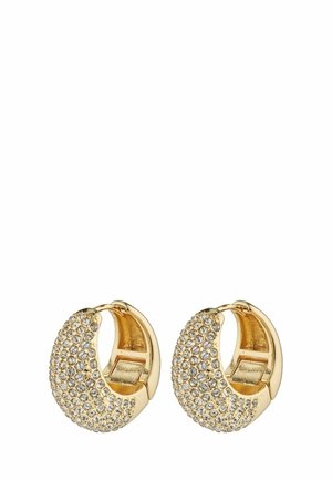 Boucles d’oreilles créoles en or de forme arrondie, serties de petits cristaux clairs, avec fermeture à charnière.