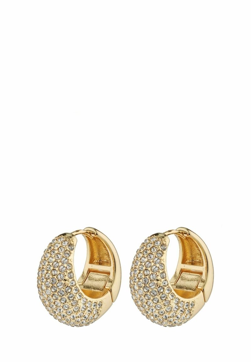 Boucles d’oreilles créoles en or de forme arrondie, serties de petits cristaux clairs, avec fermeture à charnière.