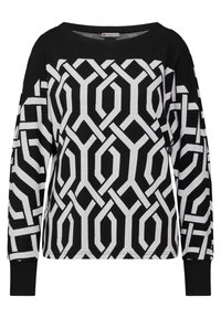 Svart och vit mönstrad sweatshirt med geometrisk design, bred halsringning, långa ärmar och ribbade mudd- och fållkanter.