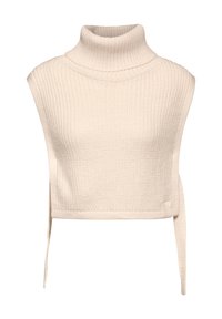 Kremowy golfowy crop top wykonany z materiału z prążkowanej dzianiny. Posiada dopasowany krój i szczegół w postaci wiązania po boku.