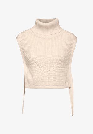 Cream-colored turtleneck crop top made of ribbed knit material. Features a fitted silhouette and side tie detail.