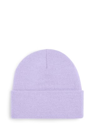 Lilac knit beanie with a folded cuff, soft texture, and rounded top. The fabric appears smooth and cozy, suitable for cold weather.