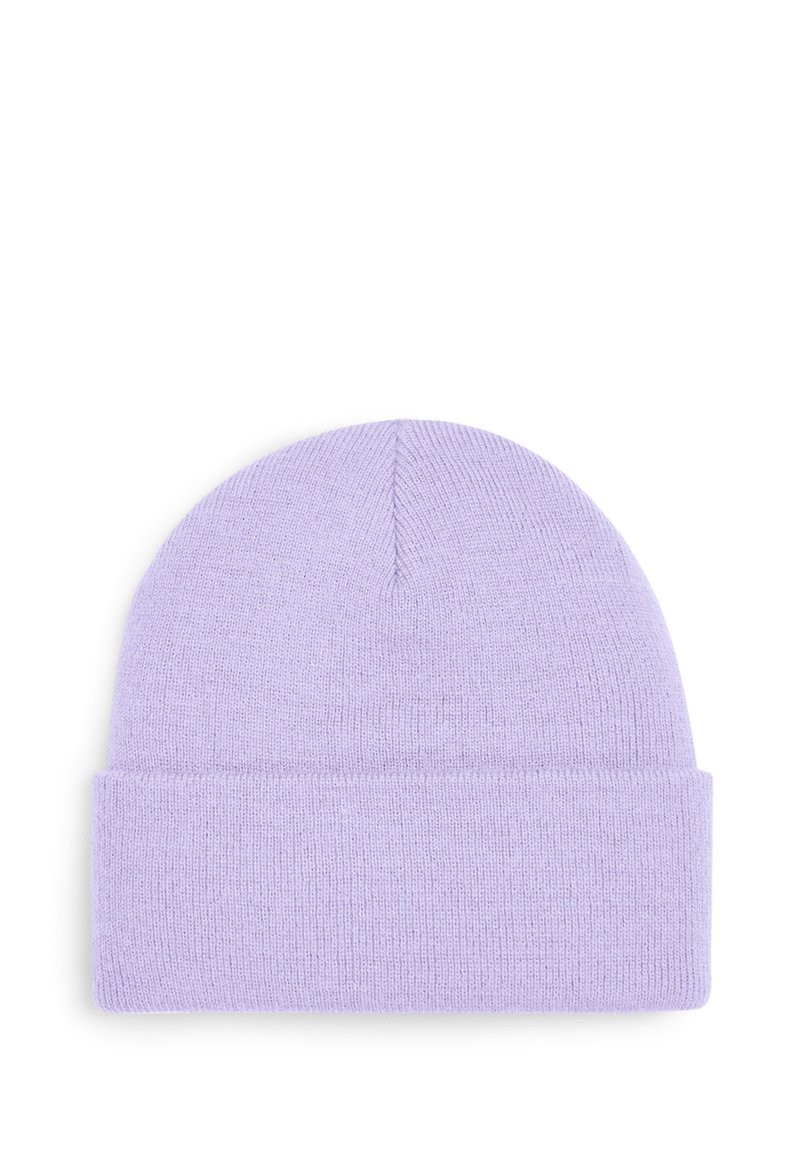 Lilac knit beanie with a folded cuff, soft texture, and rounded top. The fabric appears smooth and cozy, suitable for cold weather.