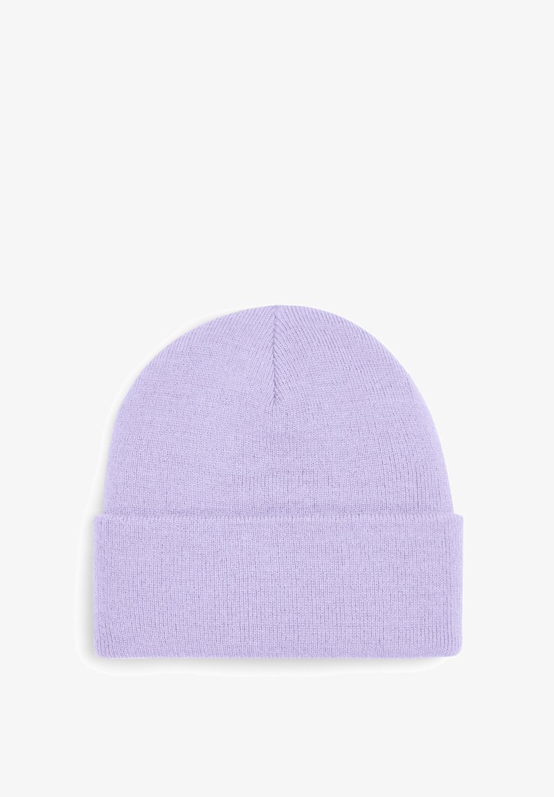Lilac knit beanie with a folded cuff, soft texture, and rounded top. The fabric appears smooth and cozy, suitable for cold weather.