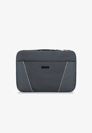Grau Laptop-Hülle aus strukturiertem Stoff, mit einem Reißverschluss, Tragegriff oben und kontrastierenden silbernen Akzenten auf der Vorderseite.
