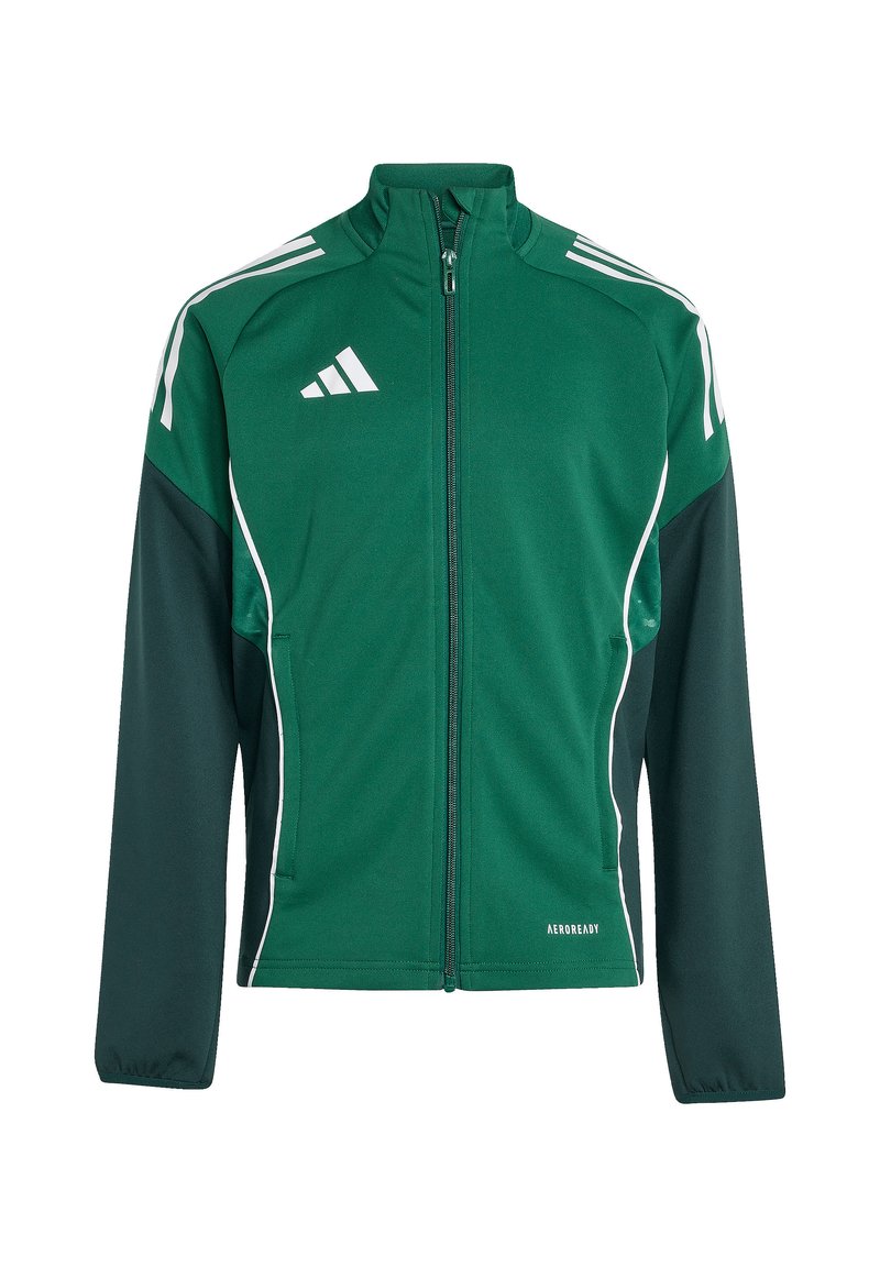 Groene sportjack met donkergroene mouwen, witte accenten, volledige ritssluiting en Aeroready-merk aan de onderrand. Gemaakt van een gladde, ademende stof.