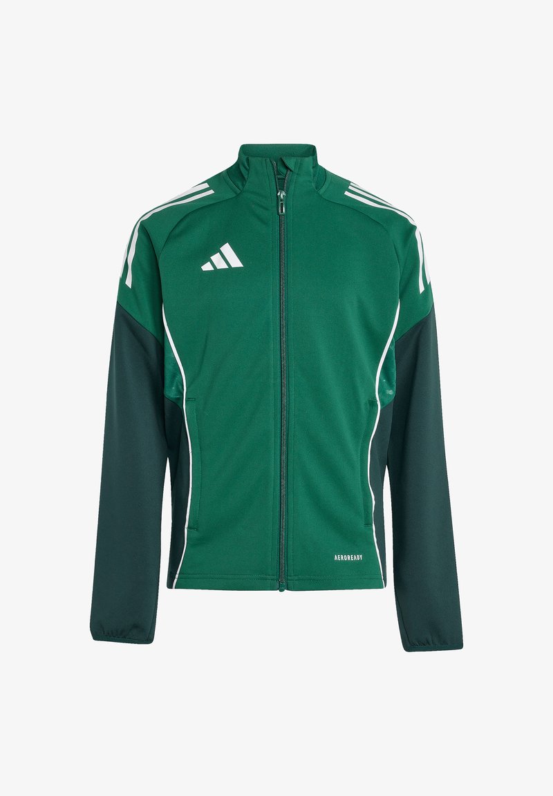 Green athletic jacket featuring dark green sleeves, white accents, full zip, and Aeroready branding at the hem. Made of smooth, breathable material.