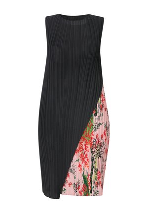 Schwarzes ärmelloses Kleid mit vertikalen Falten auf einer Seite und einem floralen Muster in Pink, Rot und Grün auf der anderen, das ein diagonales Design aufweist.