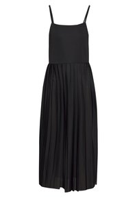 Schwarzes ärmelloses Kleid mit dünnen Trägern und einem plissierten, fließenden Rock, der bis zur Wadenmitte reicht.