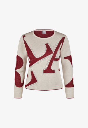 Beige Strickpullover mit großen abstrakten dunkelroten Buchstaben und kleinen perforierten Details, Rundhalsausschnitt und langen Ärmeln.