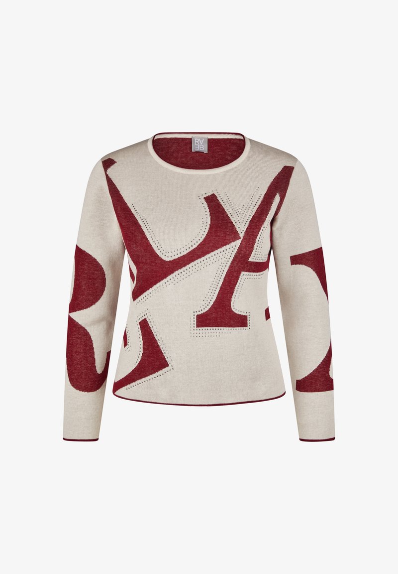 Beige Strickpullover mit großen abstrakten dunkelroten Buchstaben und kleinen perforierten Details, Rundhalsausschnitt und langen Ärmeln.