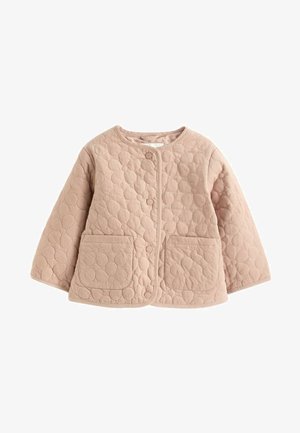 Gepolsterte, hellrosa Jacke mit runden Taschen, Druckknopfverschluss und einer strukturierten Oberfläche mit gemustertem Stich. Weicher Stoff, lange Ärmel.