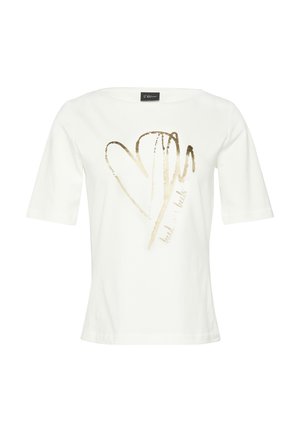 Witte katoenen t-shirt met korte mouwen, voorzien van een goudkleurige hartafbeelding en tekstontwerp. Ronde halslijn en een gladde textuur.