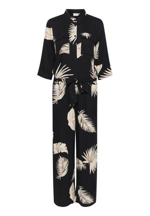 Schwarzer Jumpsuit mit cremefarbenem Palmblattmuster, Knopfleiste, zwei Brusttaschen, 3/4-Ärmeln und einem passenden Gürtel in der Taille.