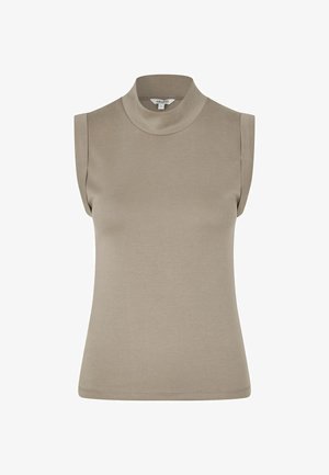 Varrukateta beež värvi kõrge kaelusega top kergete õlakate ja lihtsa kudumiskangaga ning liibuv vöökoht.