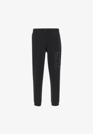 Pantaloni jogger neri con vita elasticizzata e coulisse, con logo verticale Emporio Armani EA7 sulla gamba destra.