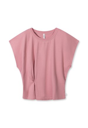 Rosa Baumwoll-T-Shirt mit entspannter Passform, kurzen Ärmeln und einer gerafften Detail am Bund. Glatte Textur und runder Ausschnitt.