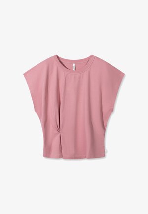 Camiseta de algodón rosa con un corte relajado, mangas cortas y un detalle fruncido en la cintura. Textura suave y escote redondo.