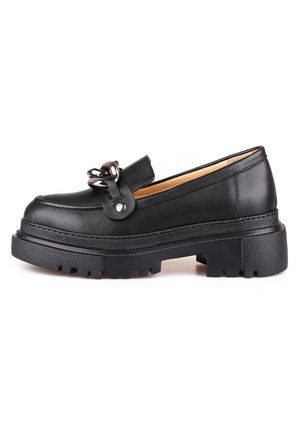 Black chunky loafer with thick treaded sole and decorative black chain detail on smooth leather upper.