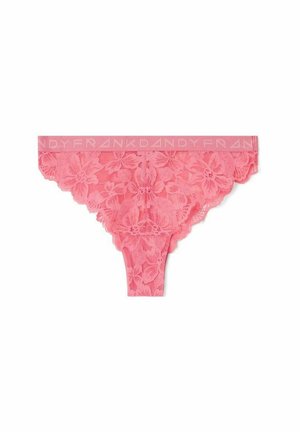 Roze kantent thong met bloemenpatroon, voorzien van een zachte tailleband met het label "FRANK DANDY." Fijne textuur en ingewikkelde details overal.