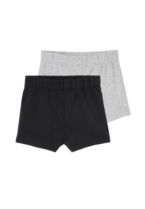Zwei Paare schlichte Shorts mit elastischem Bund, ein schwarzes vorne und ein graues dahinter, auf weißem Hintergrund dargestellt.