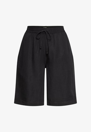 Schwarze knielange Shorts mit elastischem Bund und vorne gebundenem Kordelzug, aus leichtem Stoff.