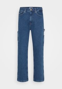 Pantaloni cargo in denim blu con design a gamba dritta, dotati di tasche laterali e chiusura con bottone in vita. Texture liscia, lavaggio medio.