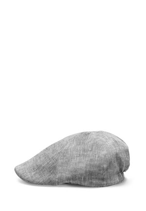 Light gray flat cap with visible fabric texture, stitched panels, and a slightly curved brim on a white background.