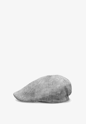 Light gray flat cap with visible fabric texture, stitched panels, and a slightly curved brim on a white background.
