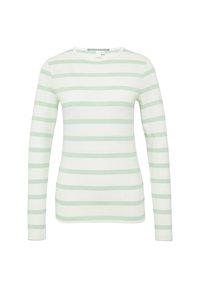 Chemise à manches longues blanche avec des rayures horizontales vert clair. Matière en coton doux, col rond et design ajusté. Étiquette visible au niveau du col.