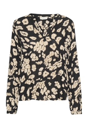 Blouse noire à manches longues avec un motif floral beige, décolleté en V, en tissu doux, coupe décontractée et poignets froncés.