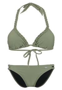 Oliivinvihreä bikinitsetti, jossa on punottu halterneck-toppi ja sidokset sekä yhteensopivat alaosat, joissa on mustia yksityiskohtia sivuilla. Pehmeä rakenne.