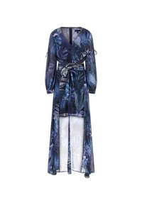 Robe longue et transparente avec un motif floral bleu, décolleté en V et ceinture à la taille. Comprend des manches longues et un ourlet asymétrique.