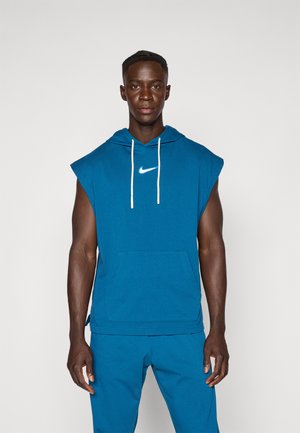Blue sleeveless hoodie with a front pocket, adjustable drawstring hood, and a white Nike logo on the chest. Smooth fabric texture.