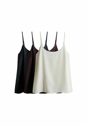 Quatre hauts camisoles sans manches avec fines bretelles en noir, marron et crème, affichés en superposition sur un fond blanc.