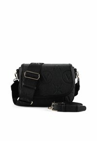 Zwarte leren boodschappentas met gegraveerde bloemen- en logopatronen, voorzien van een afneembare riem en accenten in goudkleurige hardware.